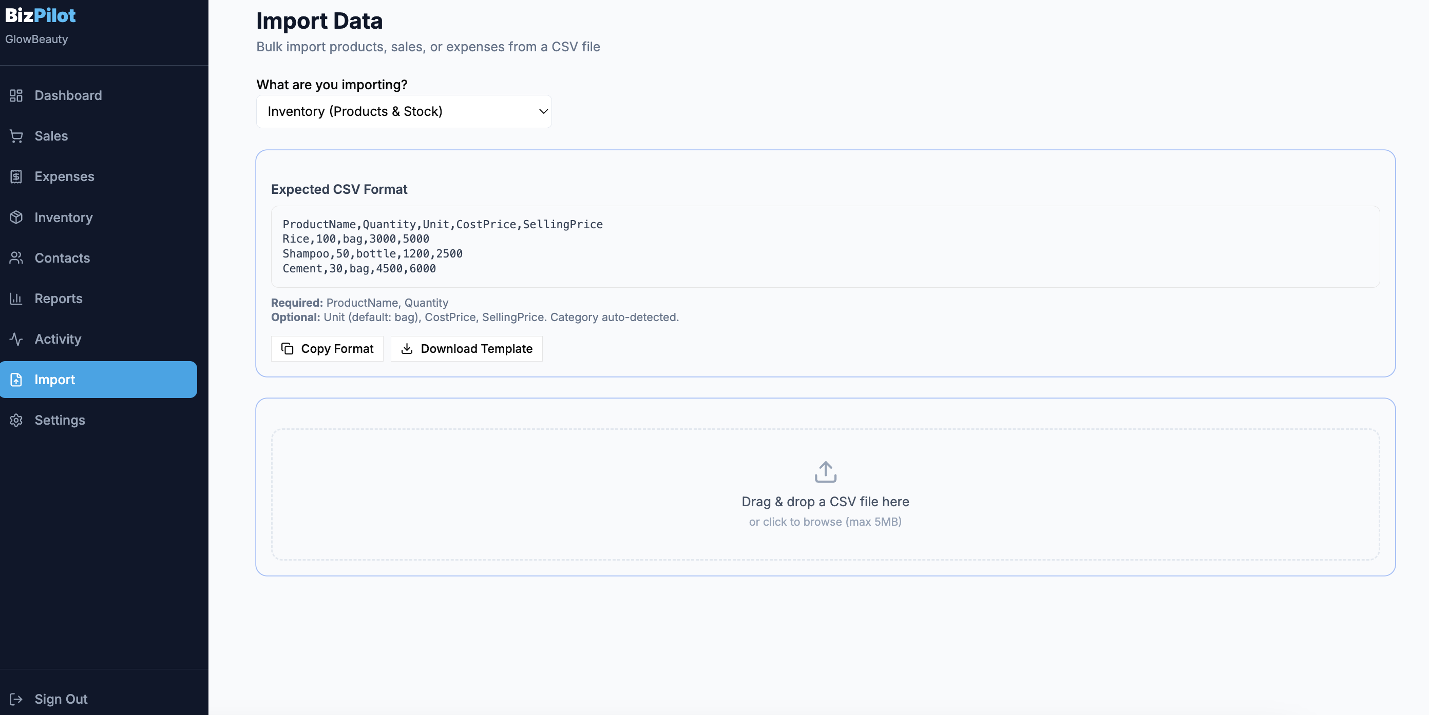 Ojunai bulk CSV import page for products, sales, and expenses with template download