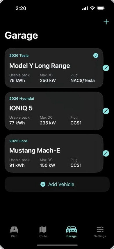 EV FastRoute Garage screen