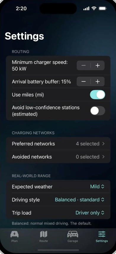 EV FastRoute Real-world settings screen