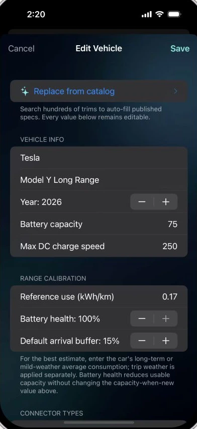 EV FastRoute Range calibration screen
