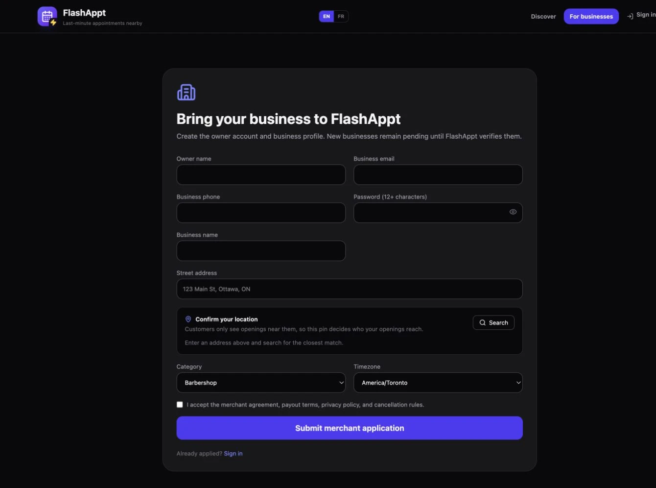 FlashAppt Merchant onboarding