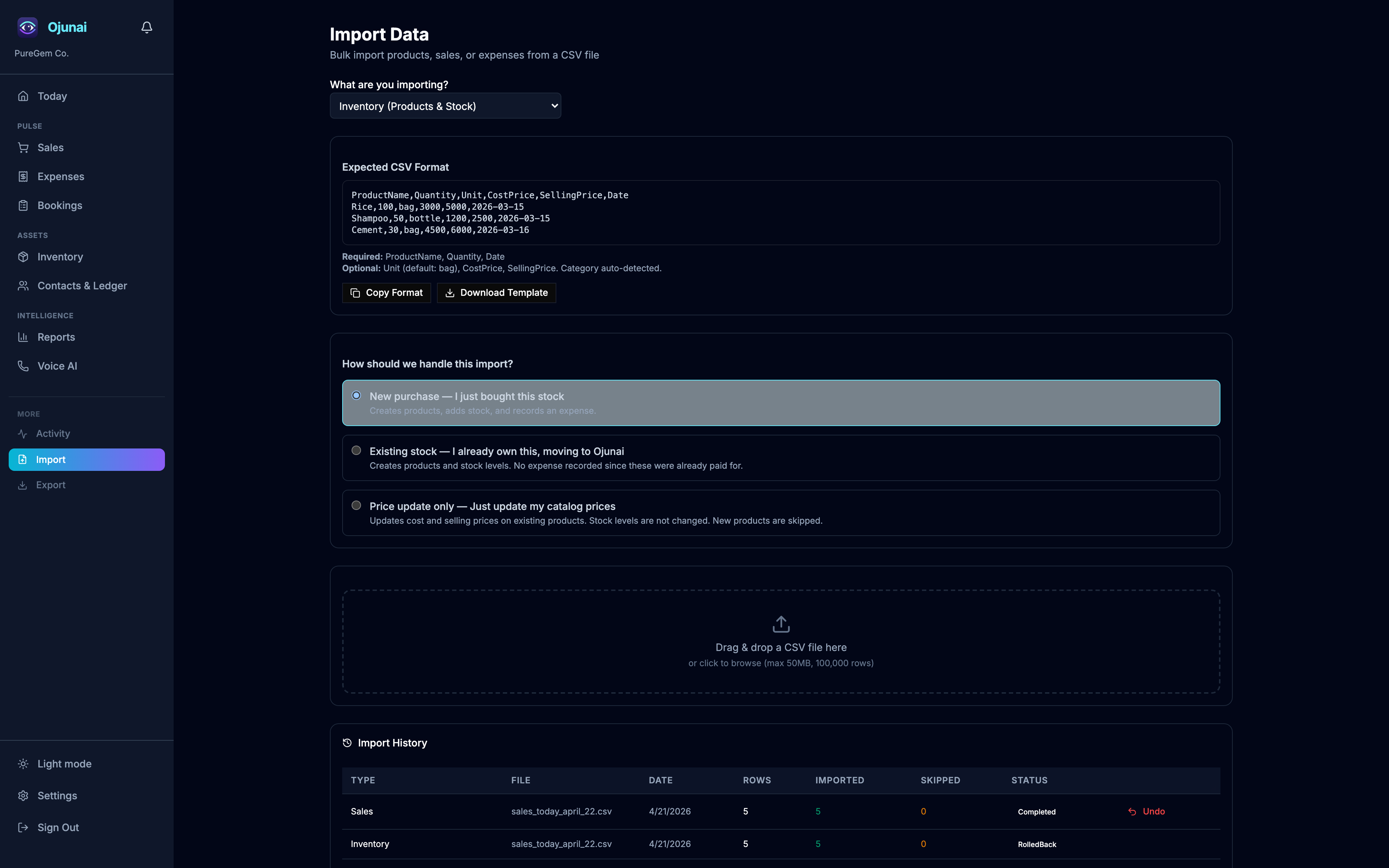 CSV bulk import interface