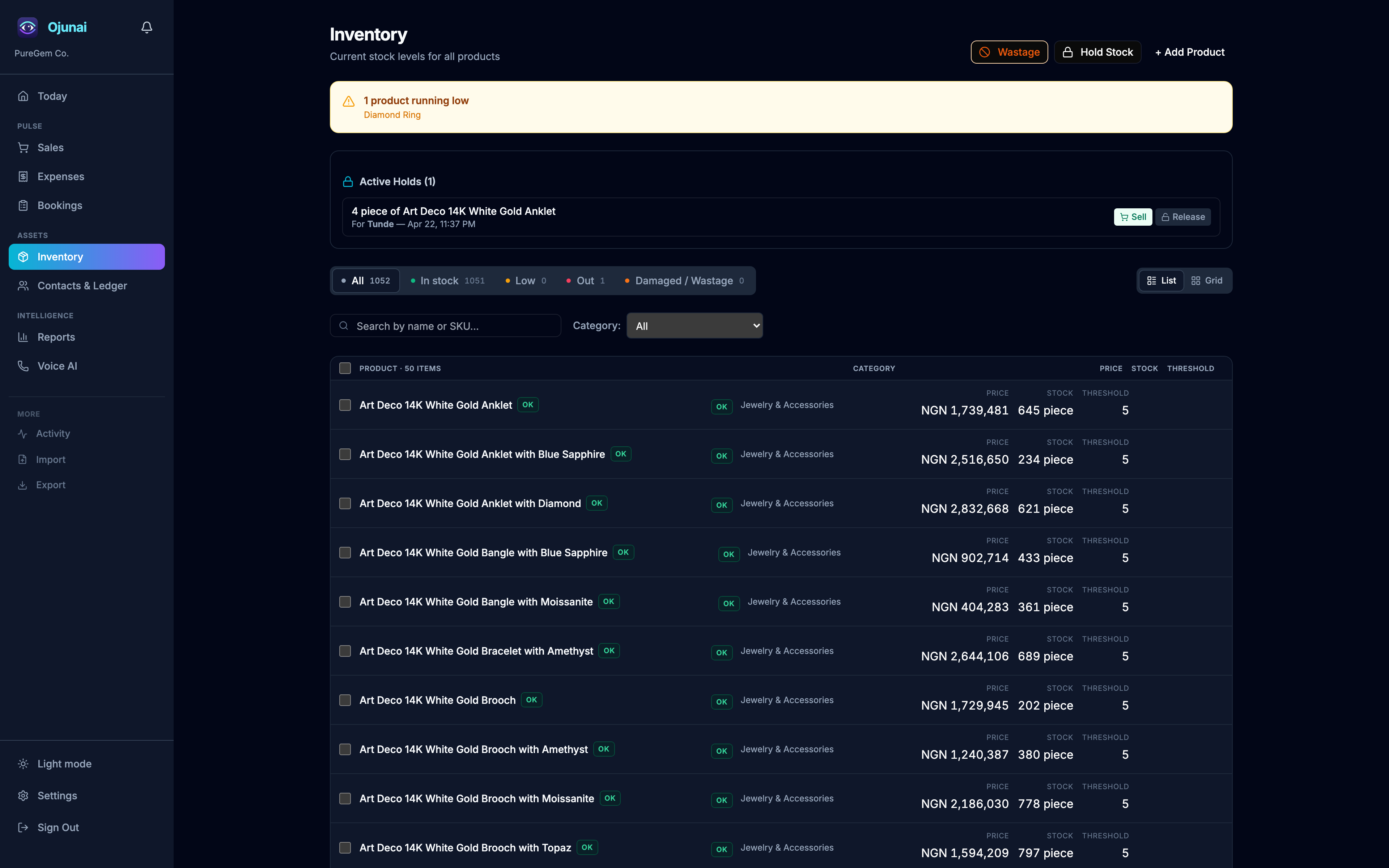 Ojunai inventory page showing product stock levels