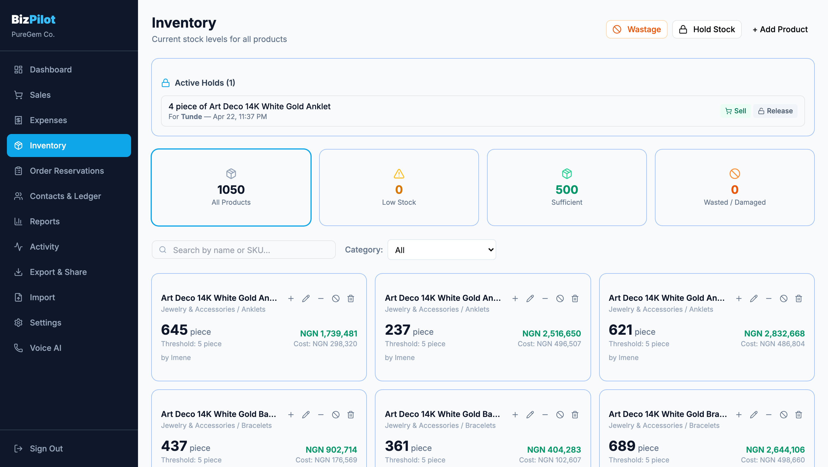 Inventory dashboard with low-stock alerts