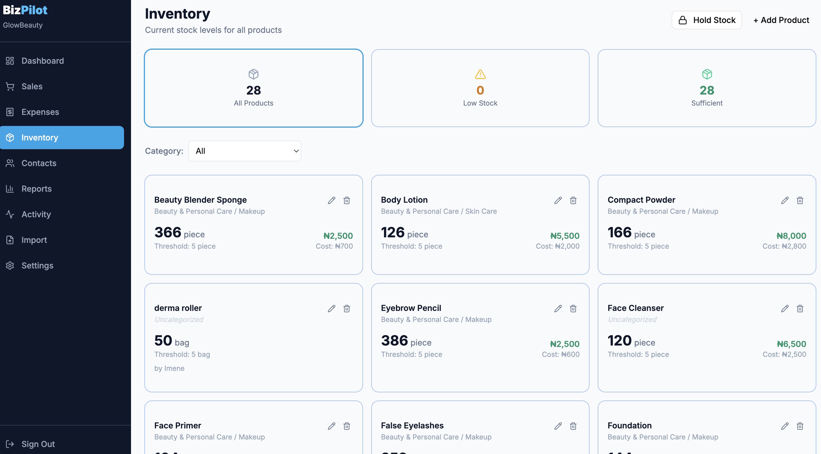 Ojunai inventory page showing product stock levels and categories