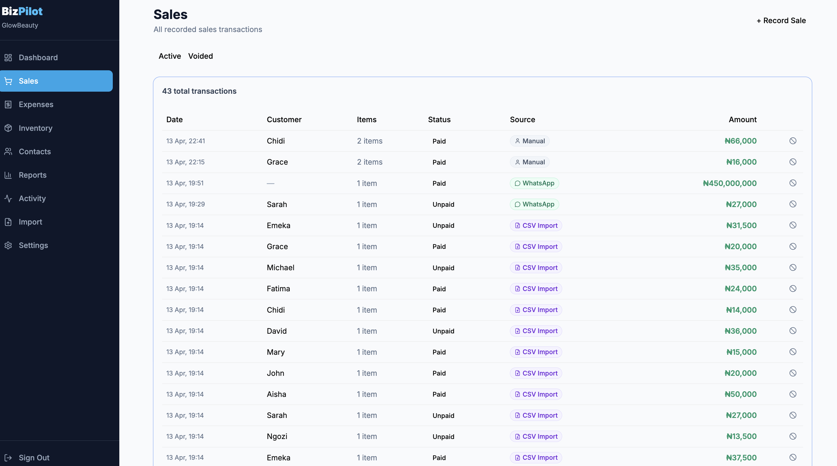 Ojunai sales page showing every transaction from WhatsApp, manual entry, and CSV import
